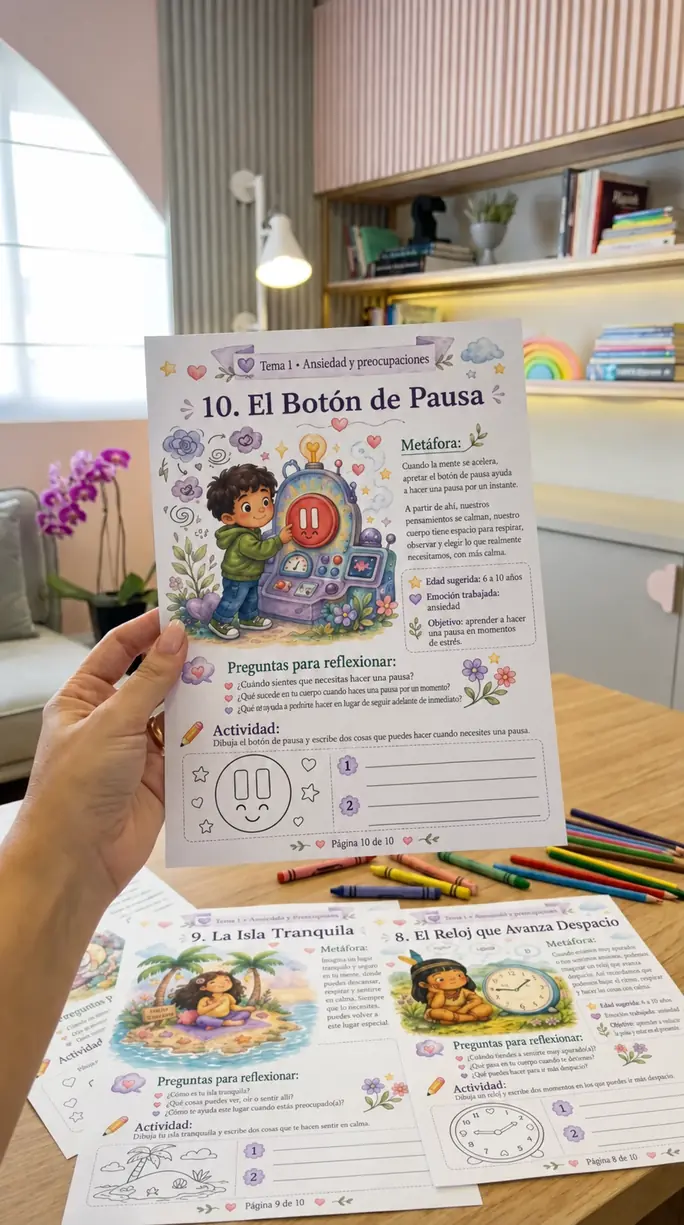 Profesional sosteniendo la actividad terapéutica El Botón de Pausa en un consultorio